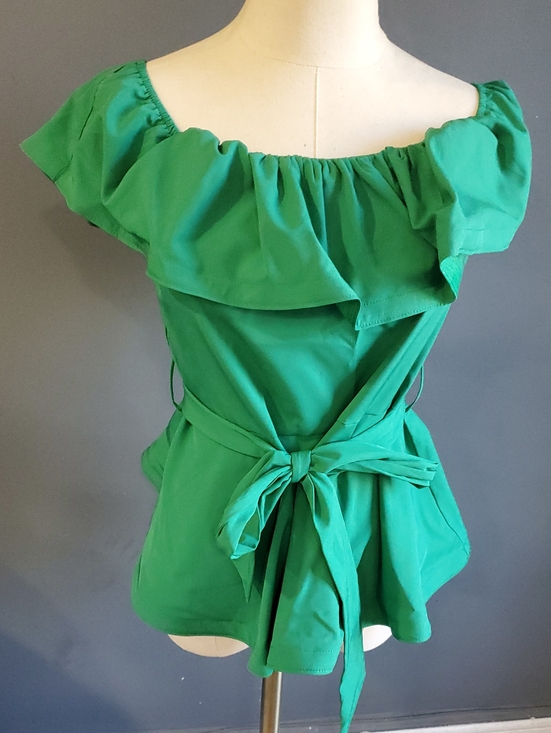 Haute Monde Tops - Haute Monde Emerald Green Off-Shoulder Ruffle Tie-Waist Blouse